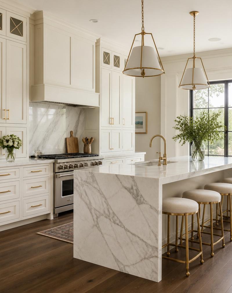 Luxury Calgary kitchen with warm white cabinets, brass hardware and marble waterfall island