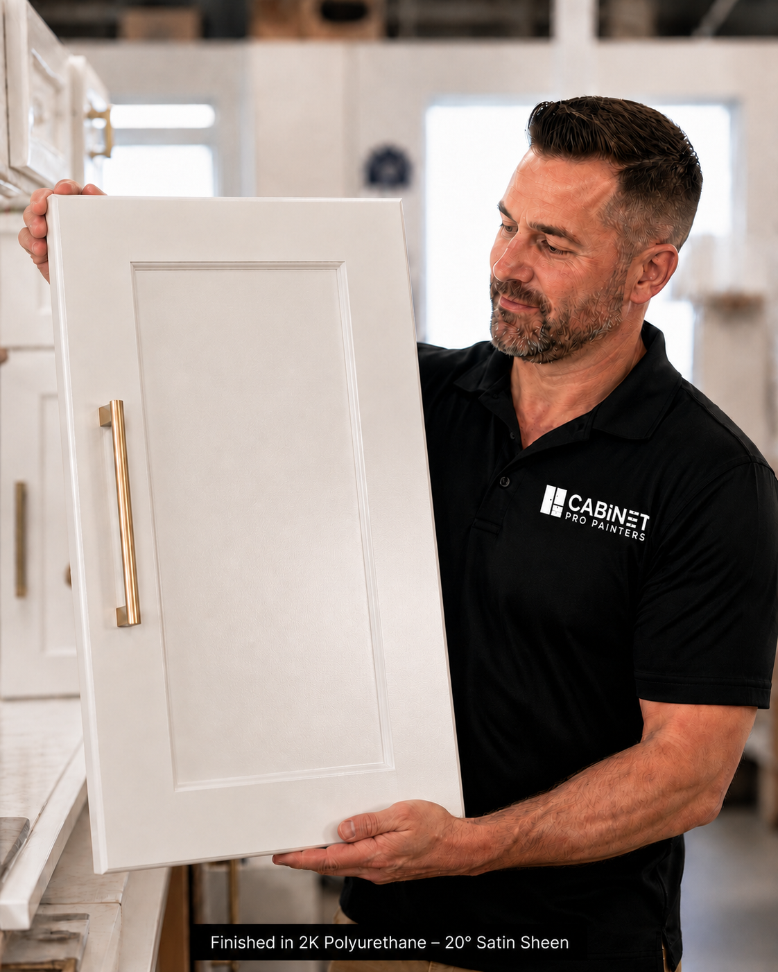 Cabinet Pro Painters craftsman inspecting a freshly sprayed white cabinet door
