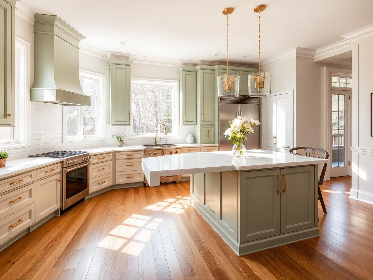 Sage green refinished kitchen with white quartz waterfall island and brass hardware