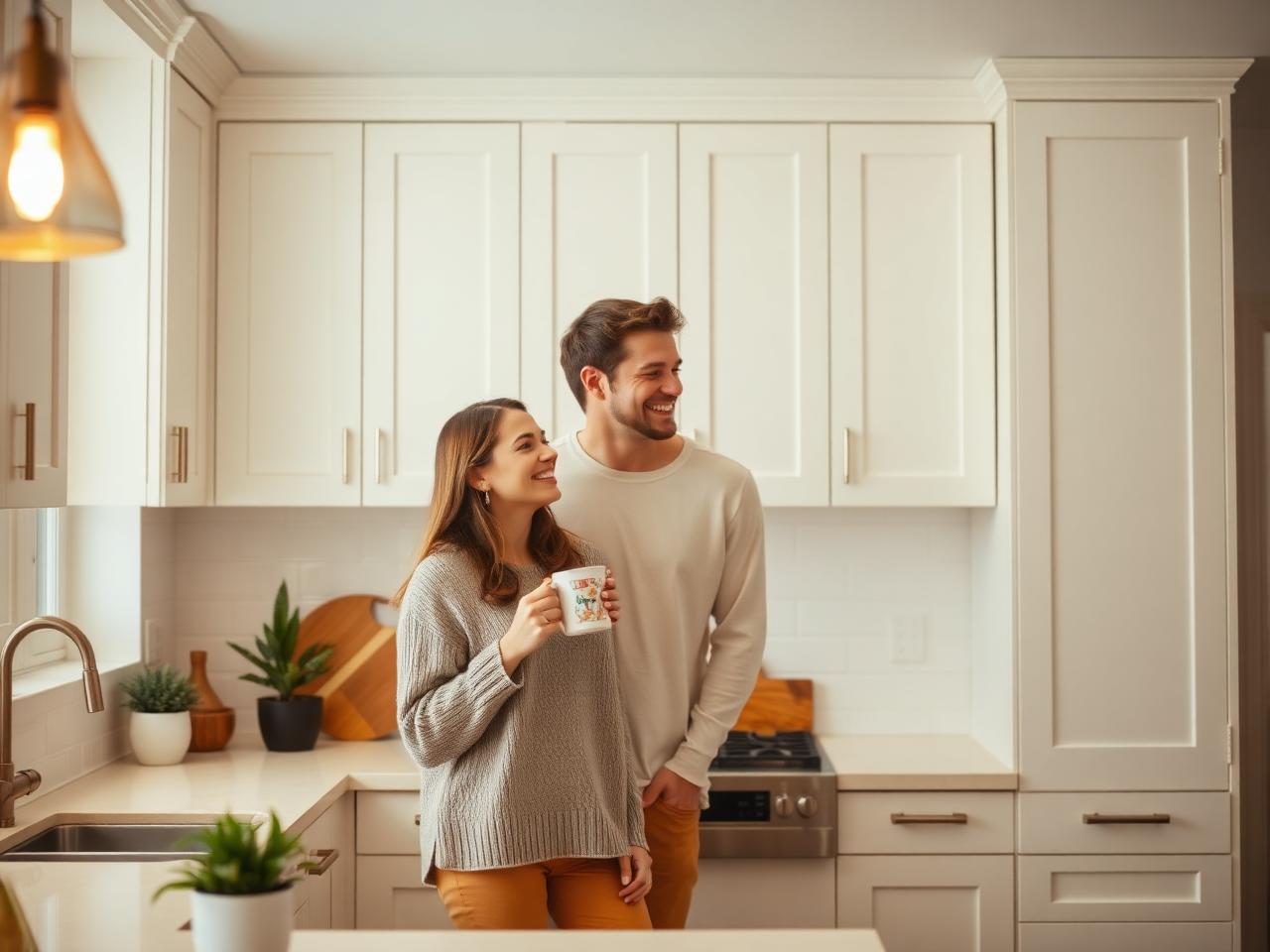 Happy homeowners enjoying their newly refinished kitchen